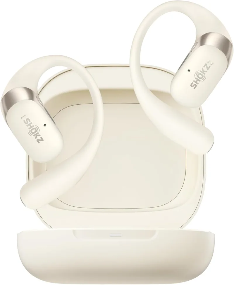 SHOKZ ▫️ Auscultadores Open-Ear OpenFit 2, True Wireless Bluetooth, microfone, auscultadores com gancho, 48 horas de reprodução, carregamento rápido, resistência à água IP55, bolsa de transporte, bege