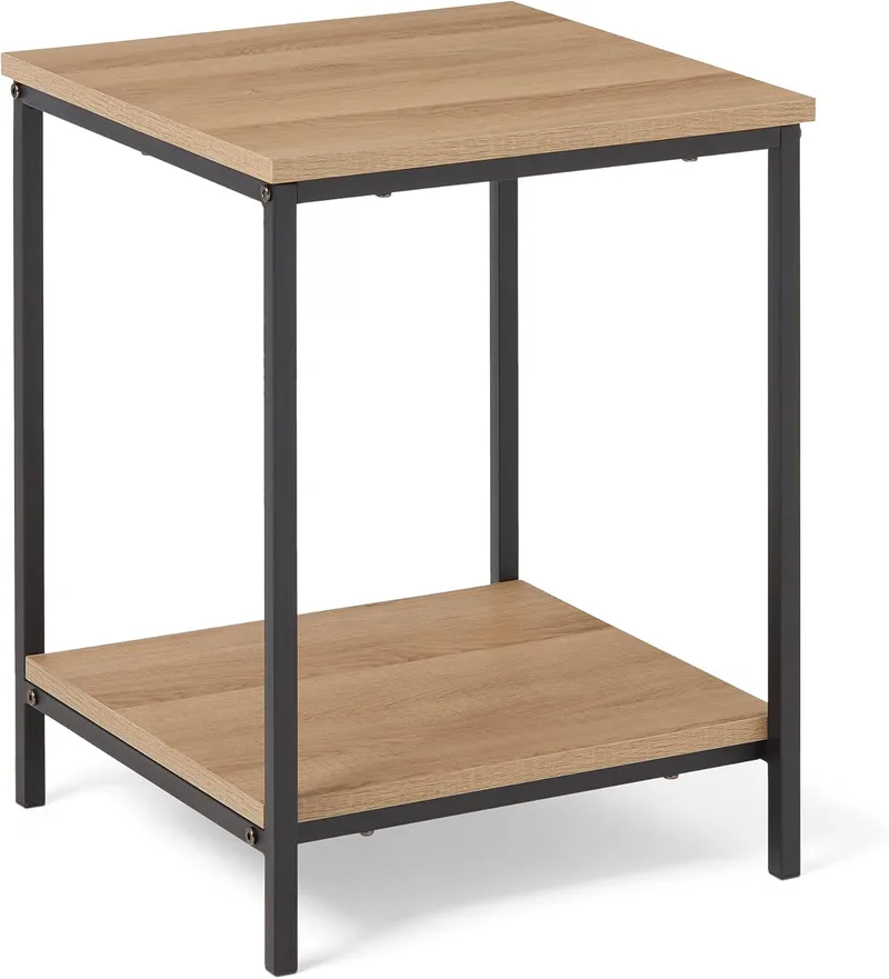 Amazon Basics ▫️ Mesa de apoio com prateleira inferior, quadrada, mesa de cabeceira para quarto, mesa de apoio para sala de estar com estrutura de aço, fácil de montar, 40cm x 40cm x 51cm, Carvalho, Carvalho