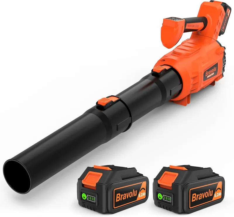 Bravolu ▫️ Soprador de folhas, com 2 baterias de 5200 mAh e carregador, potente motor sem escovas, velocidade máxima do ar de 305 km/h, 5 velocidades, soprador de folhas elétrico com modo turbo