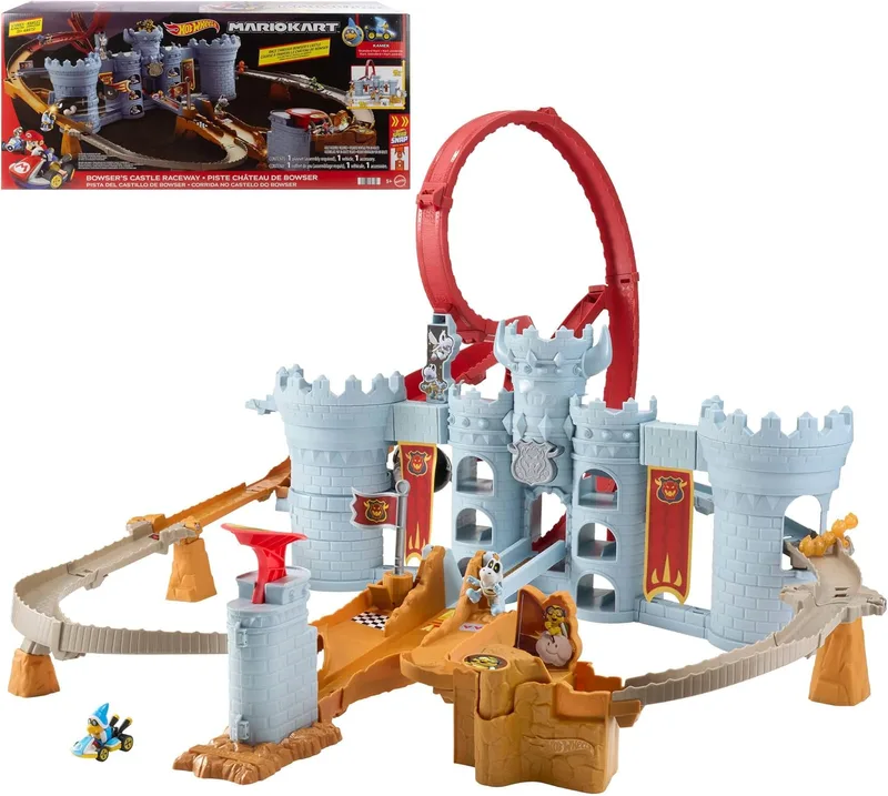 Hot Wheels ▫️ Mario Kart Castelo do Bowser Conjunto de pista e carro de brincar metálico à escala 1:64 do Kamek, jogo interativo, capacidade para guardar mais de 30 veículos, JHD24