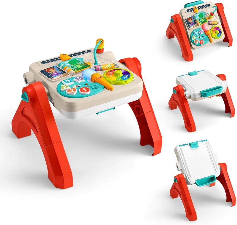 Fisher-Price ▫️ Laugh & Learn Mesa de actividades 4 em 1 e cavalete de arte com música educativa para crianças a partir dos 6 meses, versão multilingue, JGW89