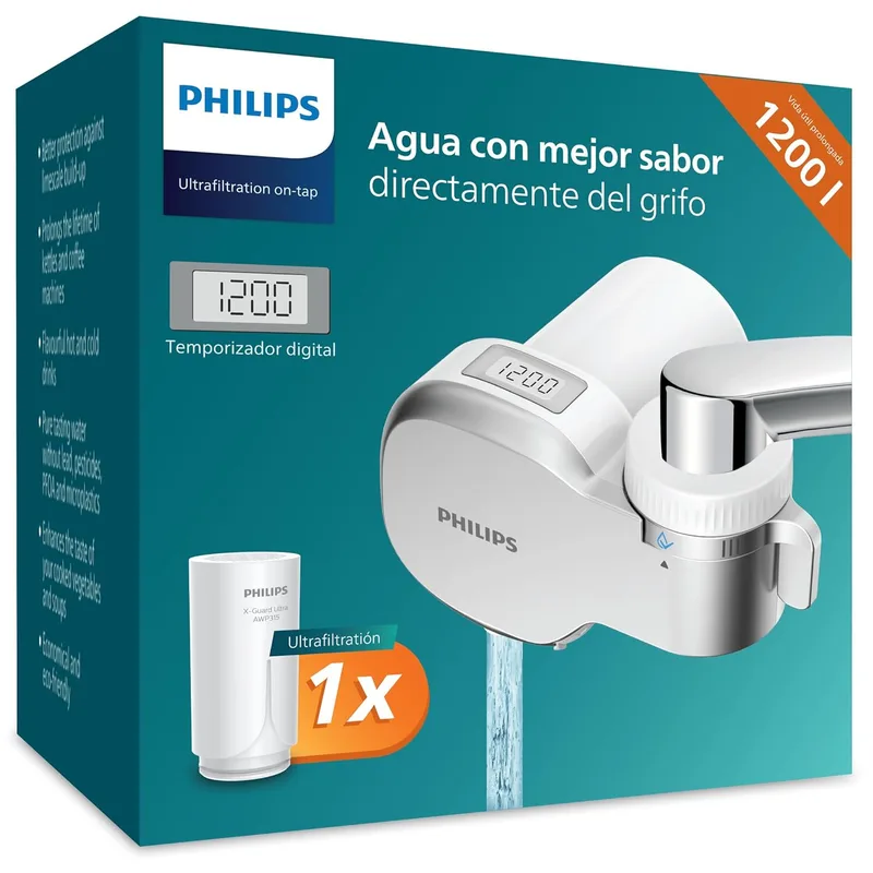 PHILIPS ▫️ Filtro de torneira Water AWP3756P1/10, ULTRAFILTRAÇÃO com ECRÃ DIGITAL, capacidade de filtração de 1200 L, reduz o CLORO, o CHUMBO, os MICROPLÁSTICOS e as BACTÉRIAS