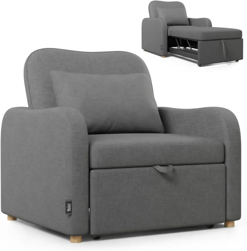 Nalui ▫️ Buddy Sofá-cama 92x97x90cm com encosto e almofada ajustáveis em 2 posições. Sofá Cama 1 Lugar 3 em 1 Linho, Suporta até 200Kg. Sofá-cama de solteiro com apoios de braços, Marengo