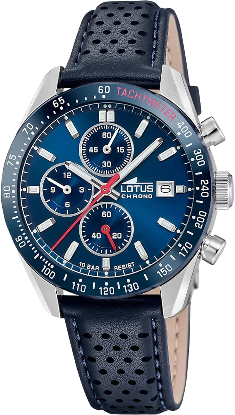 LOTUS ▫️ Relógio analógico de couro azul para homem - Movimento de quartzo - Cronógrafo - Calendário - Cristal mineral de alta resistência - Resistente à água 10 ATM Elegante 18995/7 Chrono