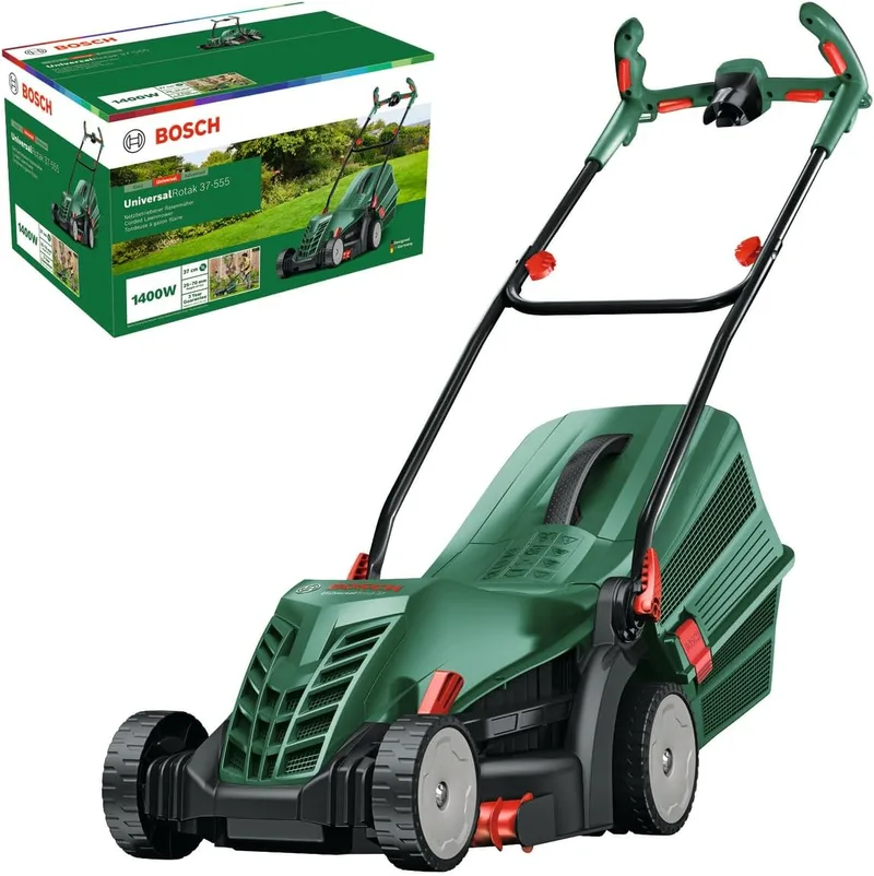 Bosch ▫️ Corta-relvas com fio UniversalRotak 37-555 (potência do motor de 1400 W, largura de corte: 37 cm, cesto de recolha de 40 litros, pegas Ergoflex)