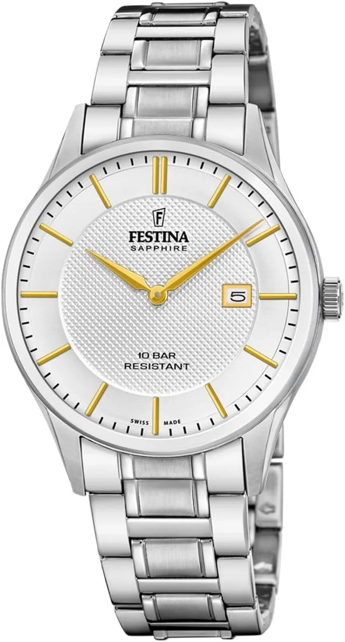 Festina ▫️ Relógio analógico Swiss Made para homem, em aço inoxidável 316L prateado - Movimento de quartzo - Calendário - Cristal de safira de alta resistência - Resistente à água até 10 ATM F20067/2 Classic Steel