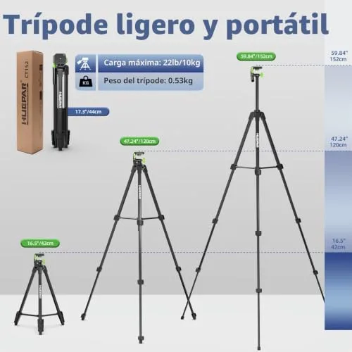 Huepar ▫️ Tripé para nível laser portátil, leve e ajustável até 1,5 m, com cabeça panorâmica de 3 direções, 2 níveis de bolha e suporte roscado de 1/4 e 5/8 de polegada para diversas ferramentas. 2