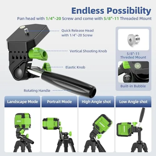 Huepar ▫️ Tripé para nível laser portátil, leve e ajustável até 1,5 m, com cabeça panorâmica de 3 direções, 2 níveis de bolha e suporte roscado de 1/4 e 5/8 de polegada para diversas ferramentas. 5