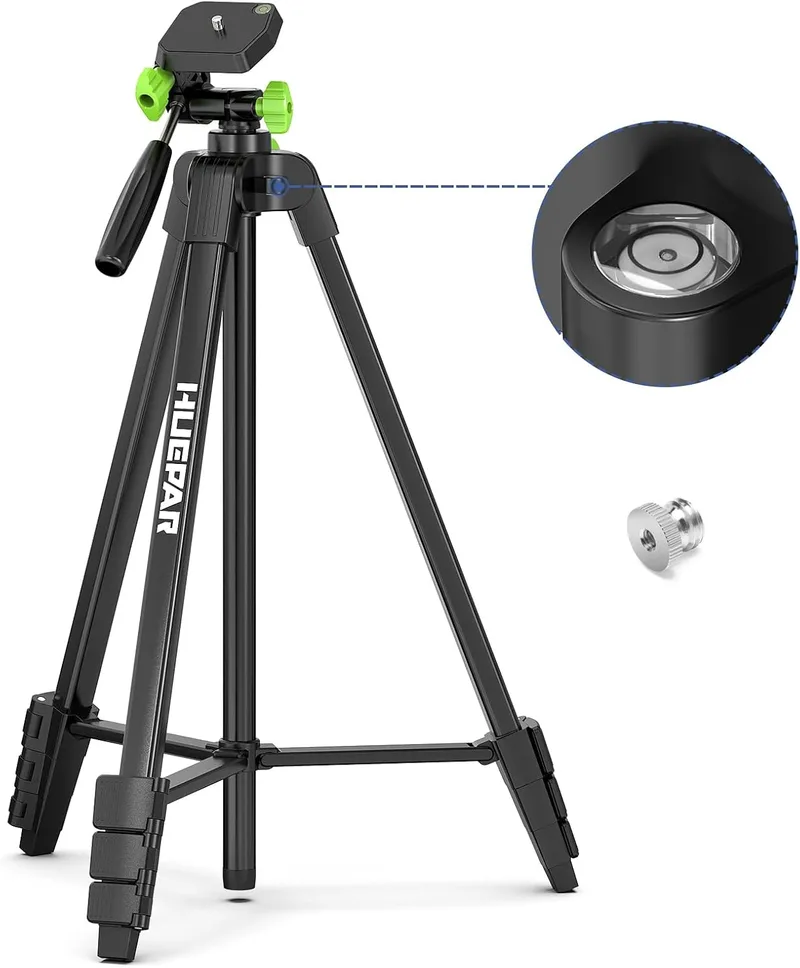 Huepar ▫️ Tripé para nível laser portátil, leve e ajustável até 1,5 m, com cabeça panorâmica de 3 direções, 2 níveis de bolha e suporte roscado de 1/4 e 5/8 de polegada para diversas ferramentas.