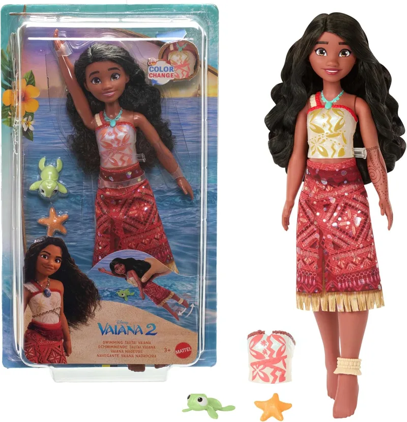 Mattel ▫️ Disney Vaiana 2 Toys, Boneca de moda nadadora Vaiana Navigator com 2 acessórios, corpete que muda de cor e pernas móveis, inspirada no filme, JFF09