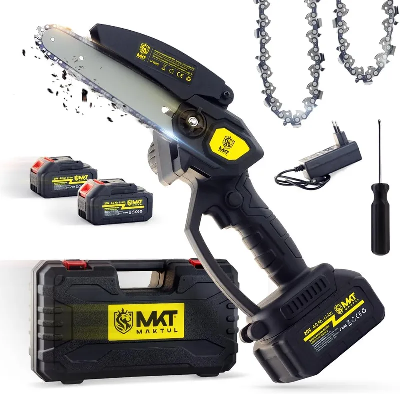 MAKTUL ▫️ Mini motosserra a pilhas 6''/15cm, 8000 mAh (2 pilhas 4000mAh 20V), motosserra eléctrica, podador de árvores de jardim, motosserra manual com acessórios Ferramenta de jardinagem, podador de jardim, podador de ramos, motosserra para madeira