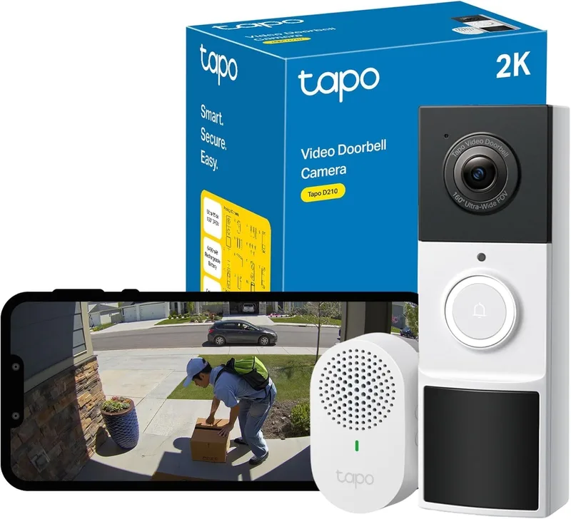 Tapo ▫️ D210: Campainha sem fios com câmara 2K, videoporteiro Wi-Fi exterior à prova de água, deteção inteligente de movimento, visão noturna, áudio bidirecional, alertas gravados em cartão SD/na nuvem