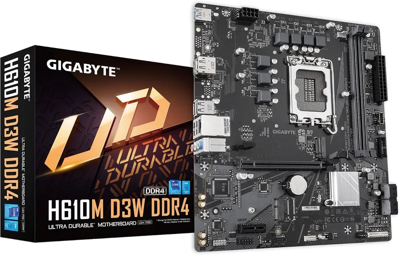 Gigabyte Technology ▫️ Placa-mãe GIGABYTE H610M D3W DDR4 - Compatível com processadores Intel Core de 14.ª geração, VRM de 5+1+1 fases, até 3200 MHz DDR4, 1x PCIe 3.0 M.2, LAN 1 GbE, USB 3.2 Gen 1