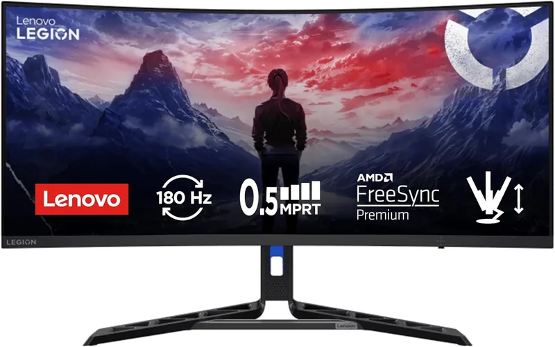Lenovo Legion R34w-30 - Monitor Gaming Curvo de 34" (Painel VA, 180Hz, 0.5ms MPRT, 21:9, HDMI+DP, AMD FreeSync Premium, Suporte VESA 100 x 100 mm) Ajuste de Inclinação/Altura/Rotação - Preto