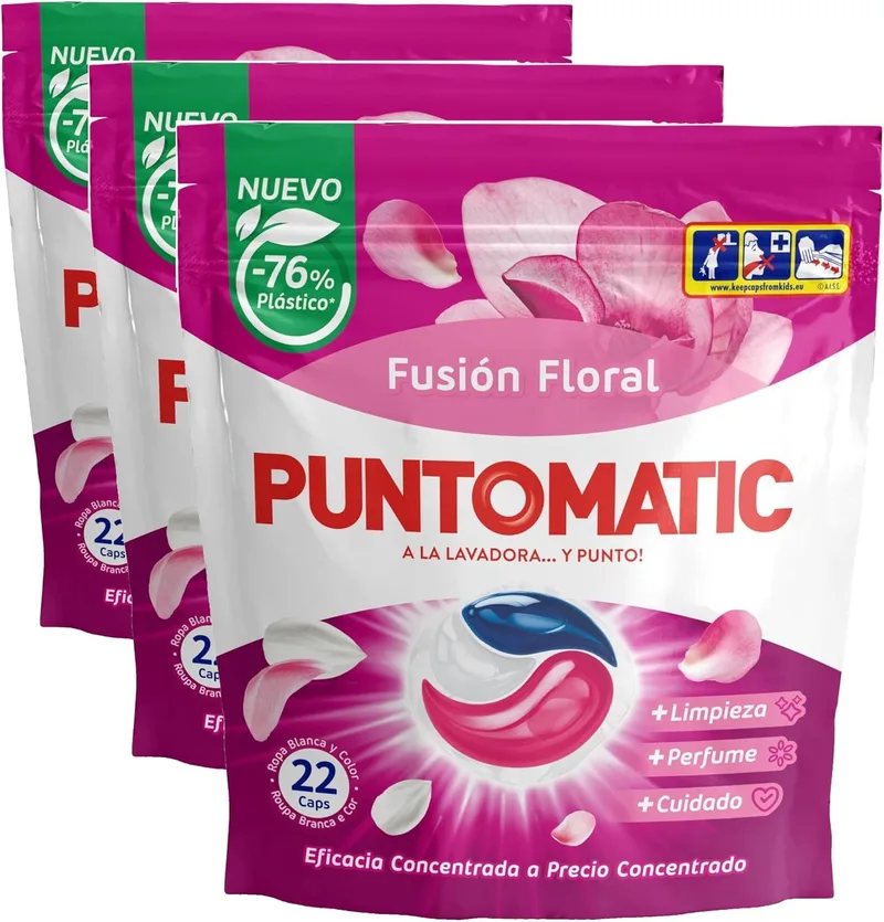 Puntomatic ▫️ Cápsulas florais de três compartimentos | Detergente para roupa branca e de cor | Removedor de manchas | 22 lavagens (Embalagem de 3)