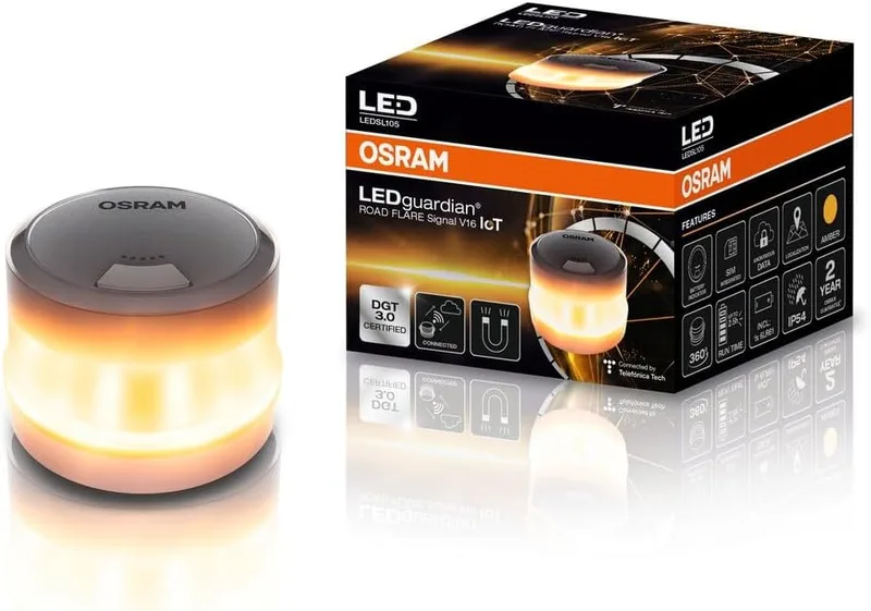 OSRAM ▫️ LEDguardian Sinalizador de estrada V16 IoT, Luz de aviso LED com certificação DGT 3.0, utilização obrigatória em Espanha, 1900K, monitorização em tempo real