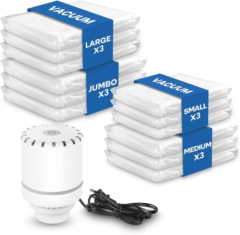 Vacbird ▫️ Sacos de roupa para vácuo com bomba eléctrica, reutilizáveis para armazenamento sazonal e artigos de viagem, 12 sacos + bomba eléctrica