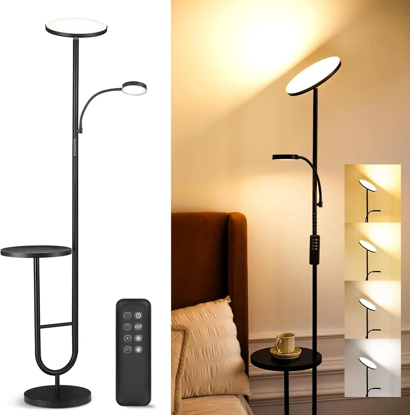 LuminexDesigns ▫️ Candeeiro de pé LED com mesa, 36W+7W regulável 3200LM+600LM com controlo remoto, cabeça rotativa de 350°, 2700K-6500K, candeeiro de sala de estar preto moderno