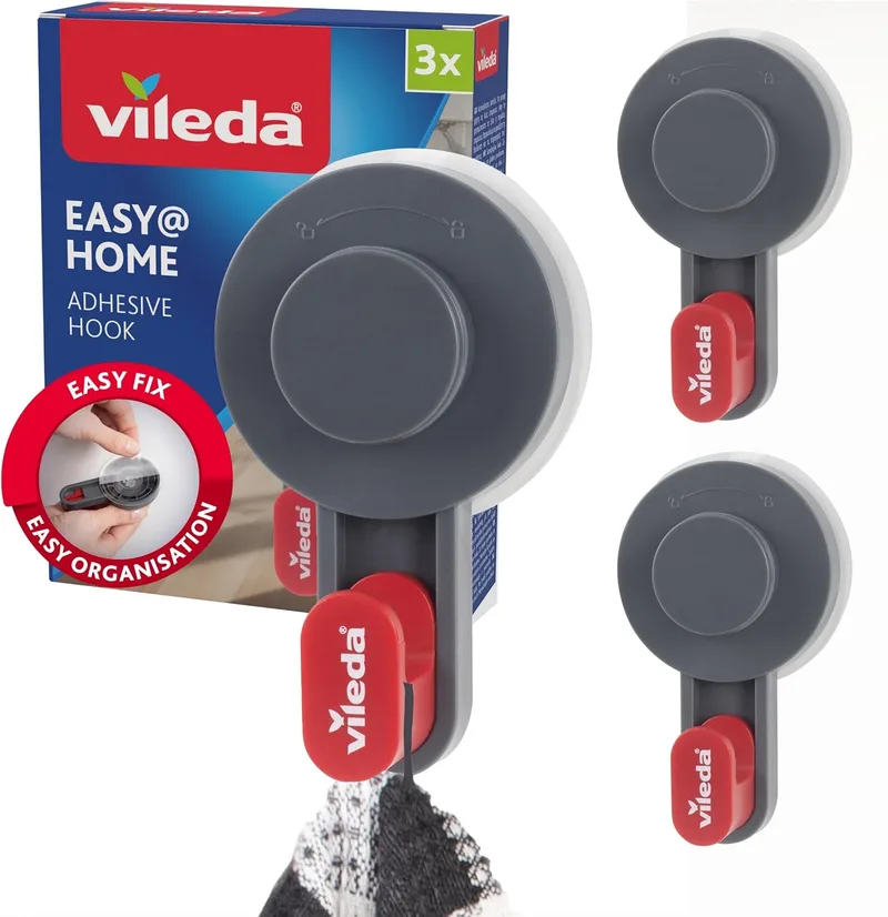 Vileda ▫️ Conjunto de 3 ganchos autocolantes – Ganchos autocolantes e resistentes até 3 kg – Gancho de parede autocolante versátil para casa de banho, cozinha e casa – Fácil instalação sem necessidade de perfurar | Autoadesivo para azulejos, vidro e espelhos, pode ser removido sem deixar resíduos, r