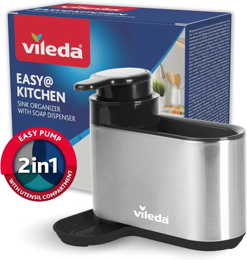 Vileda ▫️ Organizador para lava-loiça com dispensador de detergente em aço inoxidável, suporte para esponja com base independente, organizador para máquina de lavar louça com dispensador de sabão para esponjas e