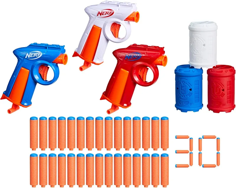 Nerf ▫️ Hasbro N Series, Backyard Triple Pack, 3 lançadores de dardos compactos em espuma, conjunto com 30 projécteis N1, jogos de competição, lançadores adaptáveis, longo alcance, aventura
