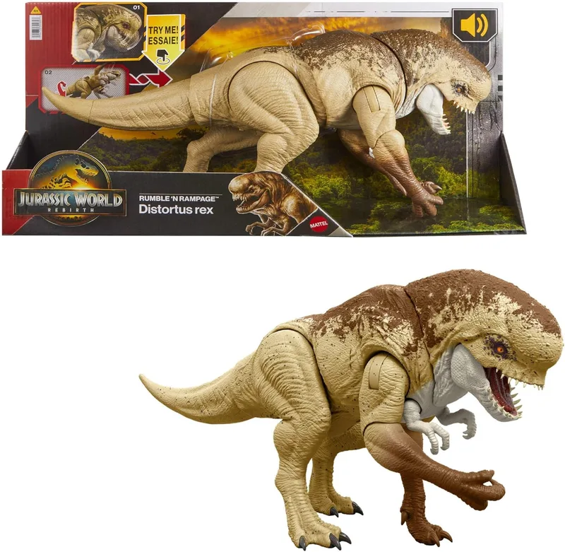 Mattel ▫️ Jurassic World: The Rebirth Rumble 'N Rampage Figura de ação do dinossauro Distortus Rex de 56 cm com duas acções de ataque, design fiel, conjunto de jogo digital, JJP79