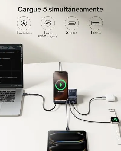Baseus ▫️ NOMOS 5 em 1 Estação de Carregamento, Carregador USB-C de 140 W com Carregador MagSafe Qi 2.0 de 15 W, cabo retrátil tipo C, 2 portas USB-C e 1 porta USB-A e ecrã digital, para iPhone/MacBook/Surface 2