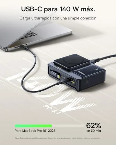 Baseus ▫️ NOMOS 5 em 1 Estação de Carregamento, Carregador USB-C de 140 W com Carregador MagSafe Qi 2.0 de 15 W, cabo retrátil tipo C, 2 portas USB-C e 1 porta USB-A e ecrã digital, para iPhone/MacBook/Surface 4