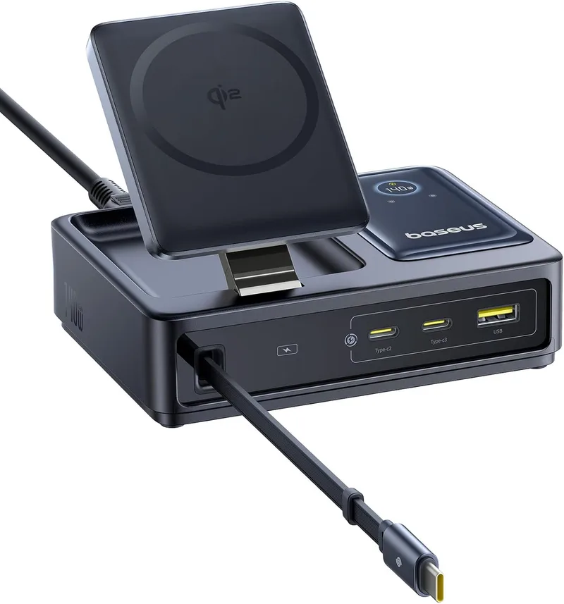 Baseus ▫️ NOMOS 5 em 1 Estação de Carregamento, Carregador USB-C de 140 W com Carregador MagSafe Qi 2.0 de 15 W, cabo retrátil tipo C, 2 portas USB-C e 1 porta USB-A e ecrã digital, para iPhone/MacBook/Surface