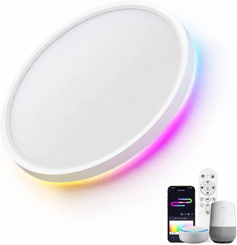 LuminexDesigns ▫️ Luminária de teto LED inteligente de 24 W, regulável, com comando e controlo Wi-Fi – Luminária de teto ultrafina com luz de fundo RGB, compatível com Alexa e Google Home, para sala de estar e quarto