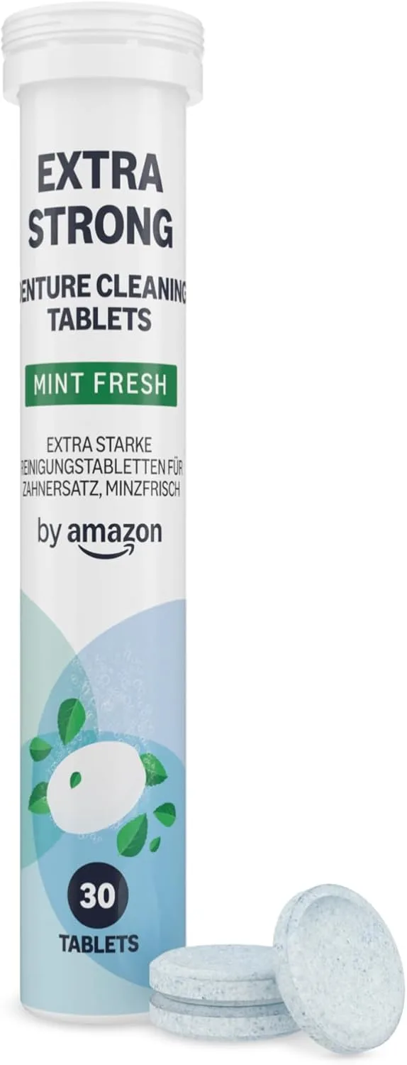 by Amazon ▫️ Comprimidos de limpeza de dentaduras de força extra, 3 embalagens de 30 comprimidos, hortelã fresca