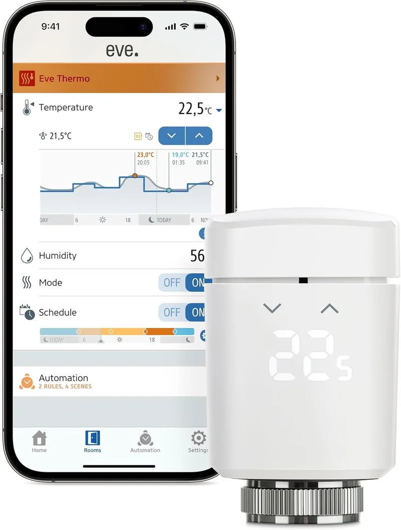 EVE ▫️ Thermo (Matter, 4.ª geração): Válvula termostática inteligente para radiadores, controlo automático da temperatura, Apple Home, Amazon Alexa, Samsung SmartThings, Google Home, req. Router Thread Edge