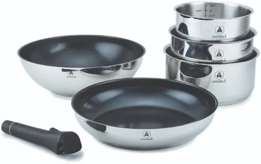 LAGUIOLE ▫️ conjunto de cozinha de 6 peças em aço inoxidável com revestimento cerâmico antiaderente, compatível com todas as fontes de calor, cabo removível, várias dimensões, 16 x 7,5 cm, Prata