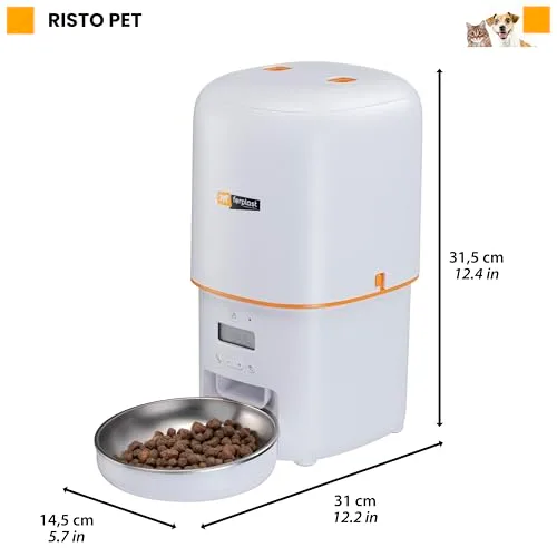 Ferplast ▫️ Risto Pet Distribuidor Automático de Comida para Cães e Gatos, Programável, Capacidade de 4 L, Dupla Potência, 6 Refeições por Dia, Ecrã Retroiluminado, Comedouro em Aço Inoxidável 6