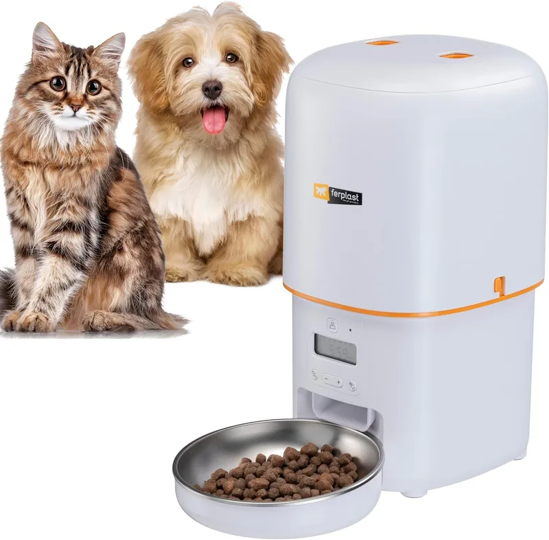 Ferplast ▫️ Risto Pet Distribuidor Automático de Comida para Cães e Gatos, Programável, Capacidade de 4 L, Dupla Potência, 6 Refeições por Dia, Ecrã Retroiluminado, Comedouro em Aço Inoxidável