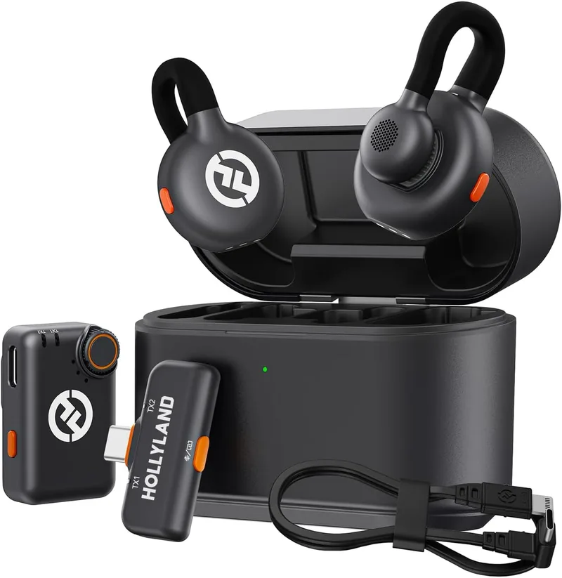 HollyView ▫️ Hollyland Lark M2S Microfone sem fios para câmara, iPhone, Android, alcance de 300 m, clipe de titânio, ENC, autonomia de 30 horas, microfone de lapela para transmissões ao vivo e vlogs (2 TX + 2 RX + 1 cabo Lightning)