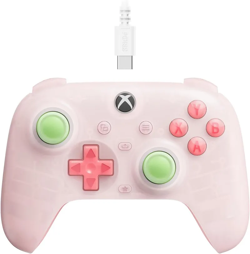 8Bitdo ▫️ Controlador com fio Ultimate Mini para Xbox com anel de iluminação RGB «Fire Ring», joysticks e gatilhos com efeito Hall, para Xbox Series X|S, Xbox One, Windows 10/11 - Licenciado oficialmente (rosa translúcido)