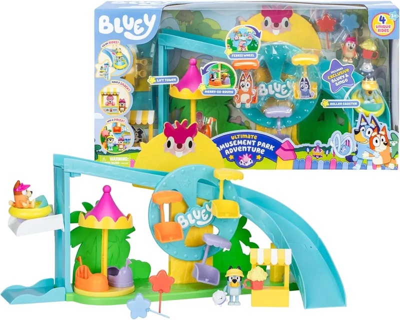 Bluey - Parque temático, Parque temático, Parque aquático com 2 escorregas e acessórios, inclui figura de bingo, carrinho de chupa-chupas e muito mais, Famosa (BLY84000)