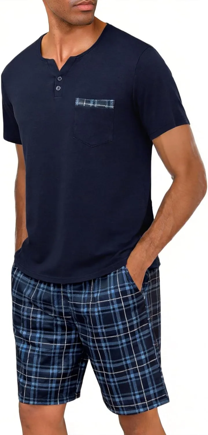 Bresdk ▫️ Pijama Shorts Camisa de algodão de manga curta com decote em V e calções de xadrez de 2 peças para homem com bolsos no peito