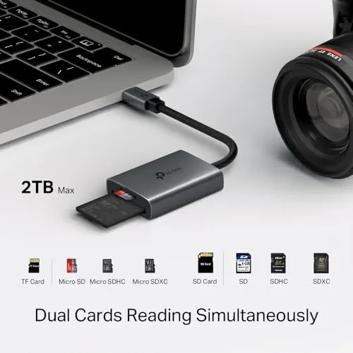 TP-Link ▫️ Leitor de cartões de memória SD USB-C para SD e microSD até 2 TB, USB 3.0, UHS-I 200 MB/s, leitura e gravação simultâneas de dois cartões UA430C 3