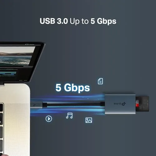 TP-Link ▫️ Leitor de cartões de memória SD USB-C para SD e microSD até 2 TB, USB 3.0, UHS-I 200 MB/s, leitura e gravação simultâneas de dois cartões UA430C 5