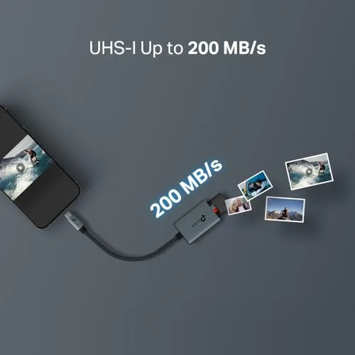 TP-Link ▫️ Leitor de cartões de memória SD USB-C para SD e microSD até 2 TB, USB 3.0, UHS-I 200 MB/s, leitura e gravação simultâneas de dois cartões UA430C 6