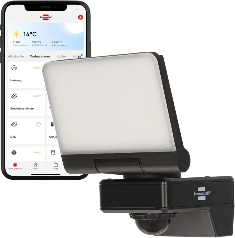 Brennenstuhl ▫️ Connect WiFi Foco LED WF 2051 P (24 W, 2800 lm, IP54, várias funções de iluminação ajustáveis através da aplicação, foco de exterior para montagem na parede com detetor de movimento)