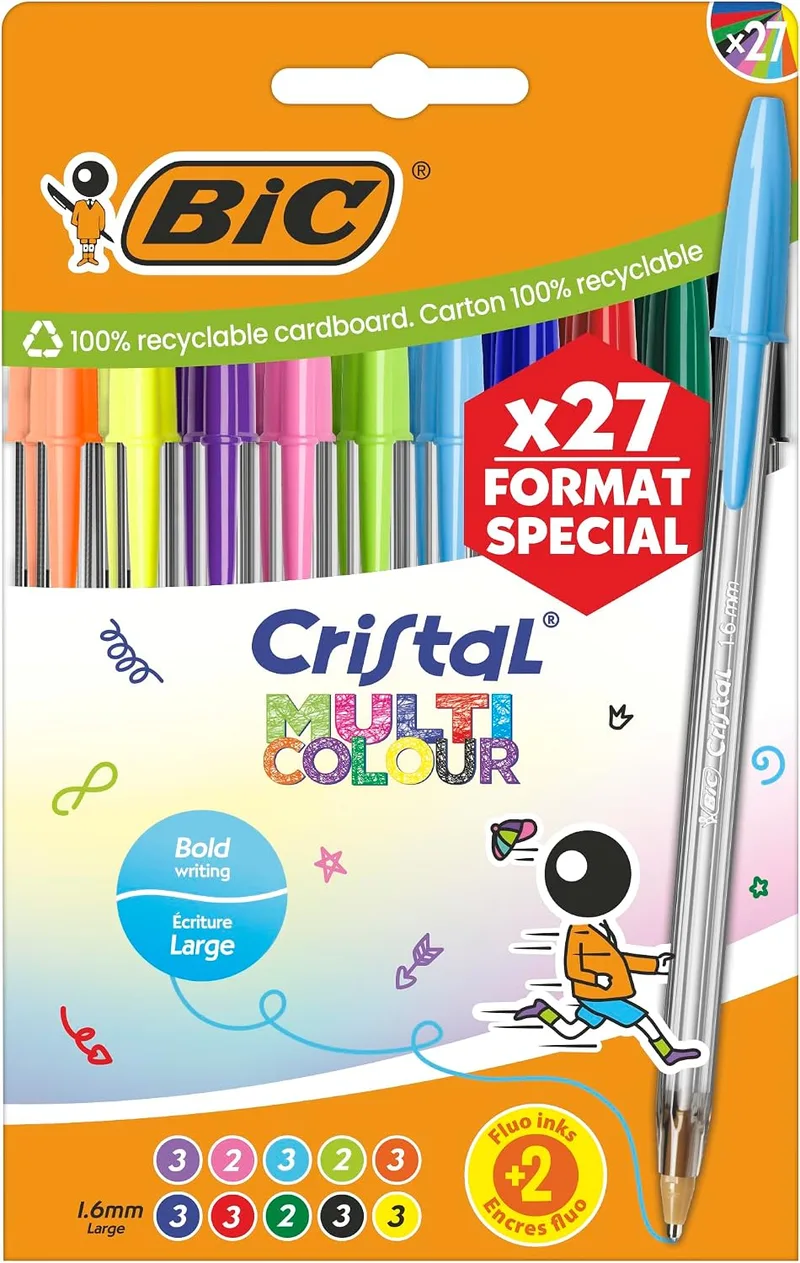 BIC ▫️ Cristal Multicolour Canetas de ponta larga (1,6 mm) Conjunto de formato especial - Cores clássicas, néon e divertidas, sortidas, embalagem de 27