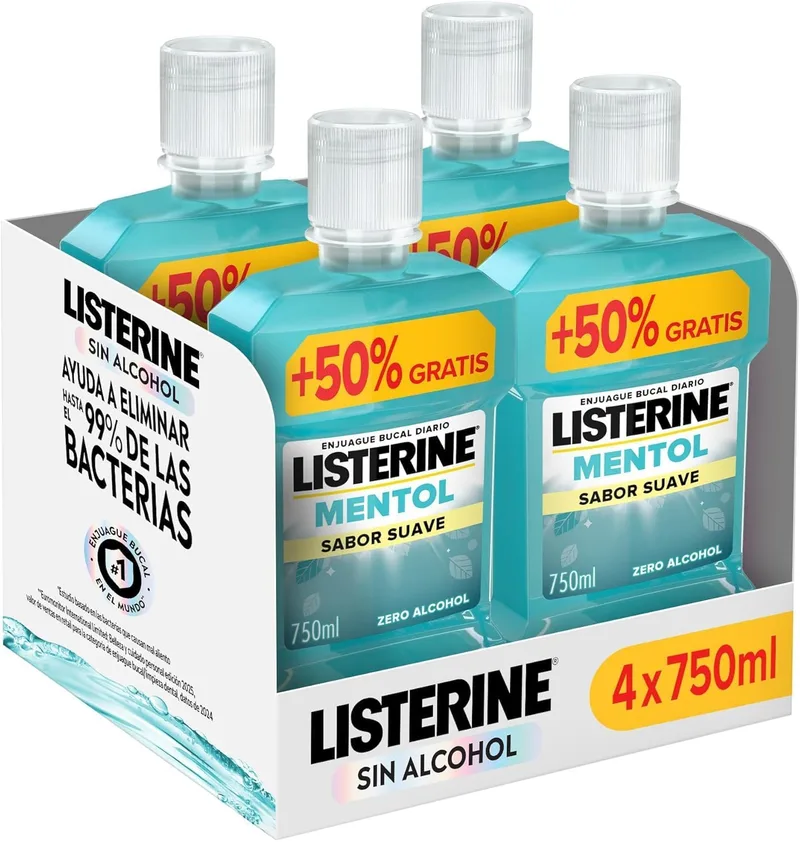 Listerine ▫️ Mentol Sabor Suave (4x750 ml), elixir bucal com flúor, elixir bucal gengival com proteção 24 horas e 0% de álcool, elixir bucal sem álcool para um hálito fresco