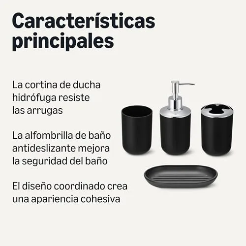 Amazon Basics ▫️ Conjunto de acessórios de casa de banho : cortina de duche com ganchos, tapete de casa de banho em espuma com memória, dispensador de sabonete, saboneteira, porta-escovas e copo, preto 2