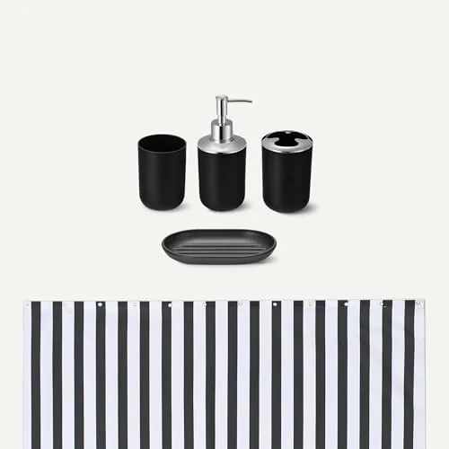 Amazon Basics ▫️ Conjunto de acessórios de casa de banho : cortina de duche com ganchos, tapete de casa de banho em espuma com memória, dispensador de sabonete, saboneteira, porta-escovas e copo, preto 3