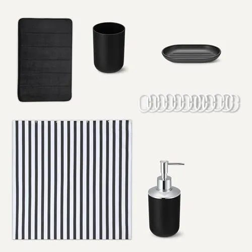 Amazon Basics ▫️ Conjunto de acessórios de casa de banho : cortina de duche com ganchos, tapete de casa de banho em espuma com memória, dispensador de sabonete, saboneteira, porta-escovas e copo, preto 5