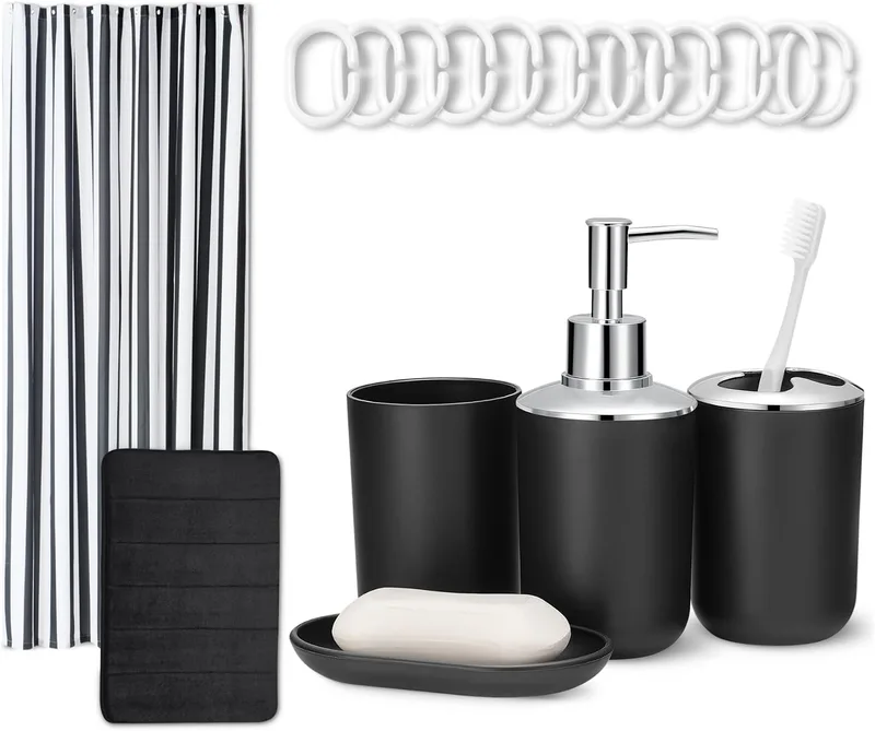 Amazon Basics ▫️ Conjunto de acessórios de casa de banho : cortina de duche com ganchos, tapete de casa de banho em espuma com memória, dispensador de sabonete, saboneteira, porta-escovas e copo, preto