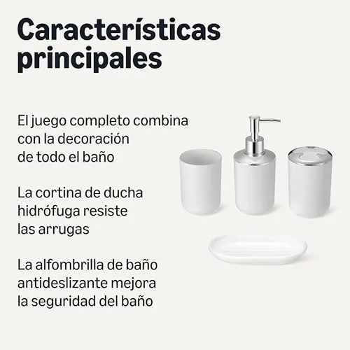 Amazon Basics ▫️ Conjunto de acessórios de casa de banho : cortina de duche com ganchos, tapete de casa de banho em espuma com memória, dispensador de sabonete, saboneteira, porta-escovas e copo, branco 2